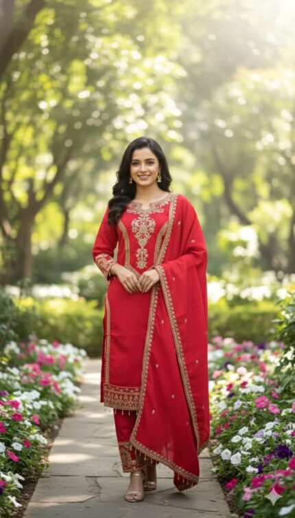 Luxury Red Partywear Embroidered Suit Set